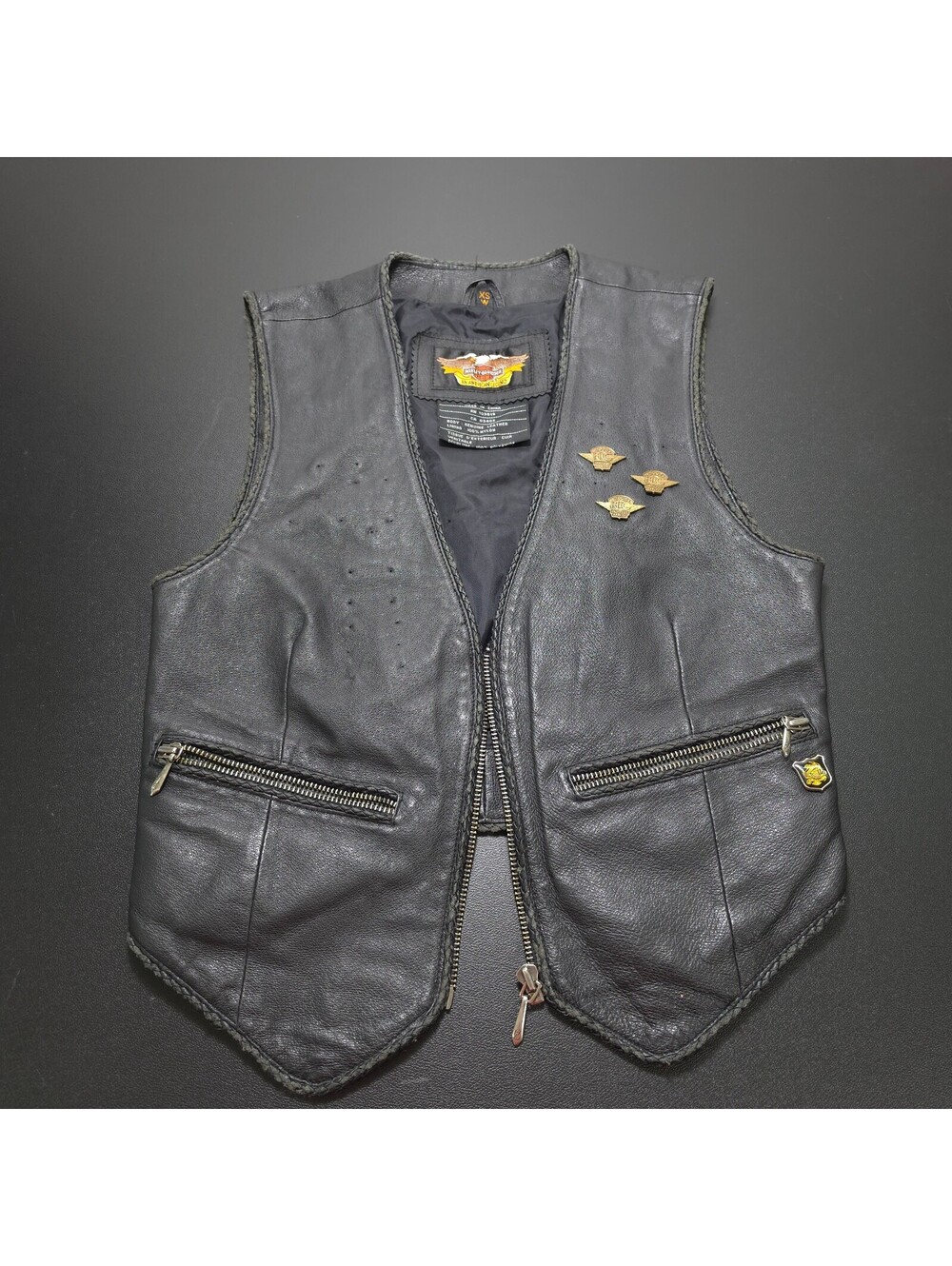 Harley-Davidson Ladies Black Leather Motorcycle Vest w/ Pins